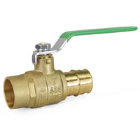 a brass ball valve with a green handle
