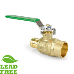 a brass ball valve with a green handle