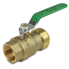 a brass ball valve with a green handle