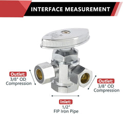 3/8"Comp x 3/8"Comp x 1/2"FIP, Quarter Turn, Dual Outlet 3-Way Stop Valve, Chrome Plated