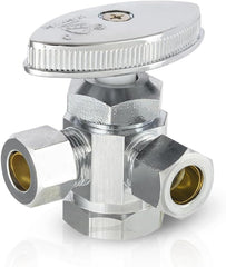 3/8"Comp x 3/8"Comp x 1/2"FIP, Quarter Turn, Dual Outlet 3-Way Stop Valve, Chrome Plated