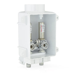 a close up of a white box with two valves