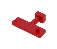 a red plastic door handle on a white background