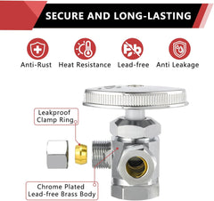 3/8"Comp x 3/8"Comp x 1/2"FIP, Quarter Turn, Dual Outlet 3-Way Stop Valve, Chrome Plated