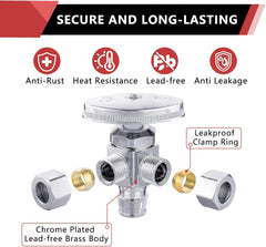 3/8"Comp x 3/8"Comp x 1/2" Expansion Pex A, Quarter Turn, Dual Outlet 3-Way Stop Valve, Chrome Plated