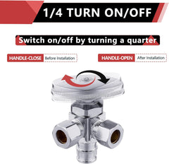 3/8"Comp x 3/8"Comp x 1/2" Expansion Pex A, Quarter Turn, Dual Outlet 3-Way Stop Valve, Chrome Plated