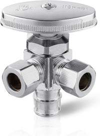 3/8"Comp x 3/8"Comp x 1/2" Expansion Pex A, Quarter Turn, Dual Outlet 3-Way Stop Valve, Chrome Plated