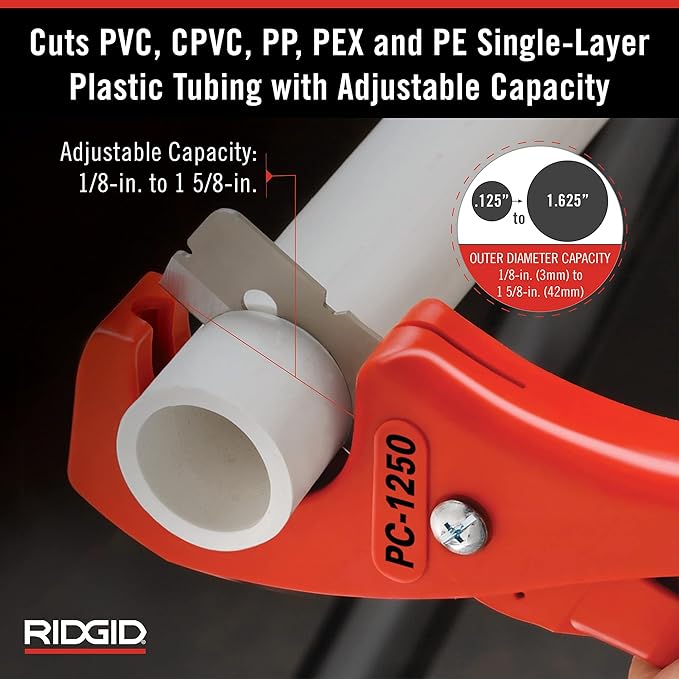 RIGID 23488 1/8" to 1-5/8" Single Stroke Plastic Pipe & Tubing Cutter, PC-1250 RIGID 23488 1/8" to 1-5/8" Single Stroke Plastic Pipe & Tubing Cutter, PC-1250
