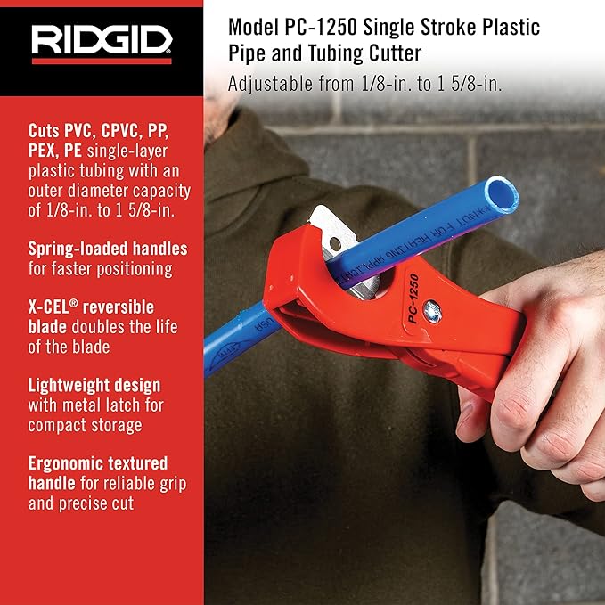 RIGID 23488 1/8" to 1-5/8" Single Stroke Plastic Pipe & Tubing Cutter, PC-1250 RIGID 23488 1/8" to 1-5/8" Single Stroke Plastic Pipe & Tubing Cutter, PC-1250