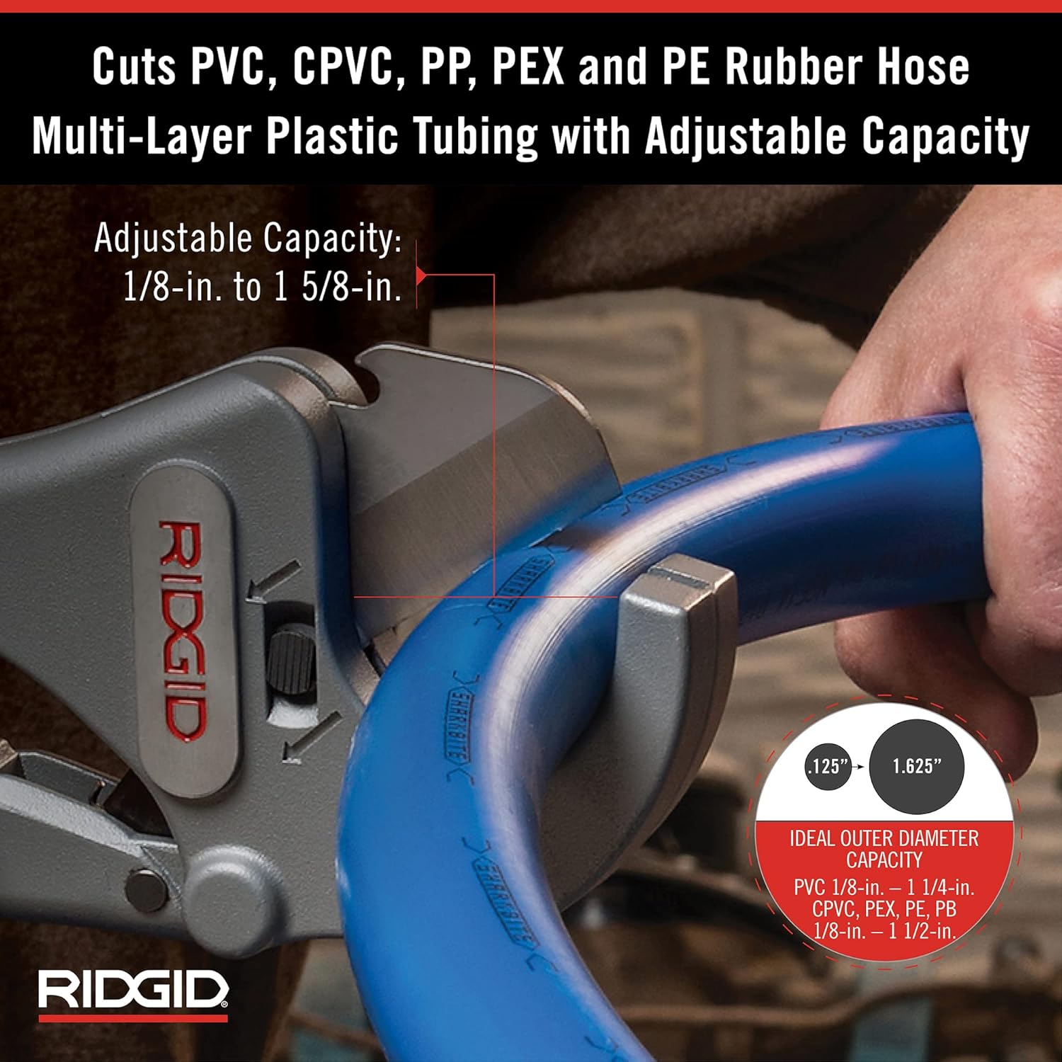 RIGID 23498 1/8" to 1-5/8" Ratchet Action Plastic Pipe & Tubing Cutter, RC-1625 RIGID 23498 1/8" to 1-5/8" Ratchet Action Plastic Pipe & Tubing Cutter, RC-1625
