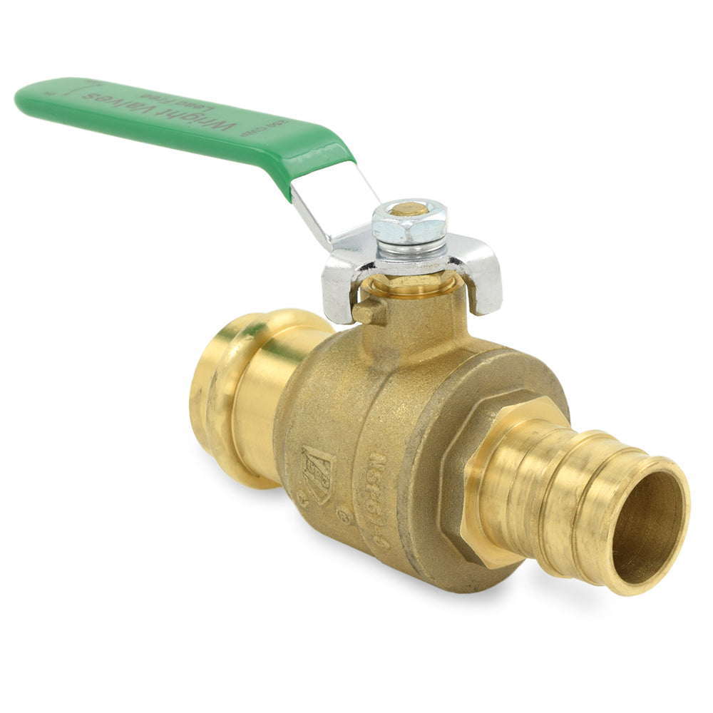 a brass ball valve with a green handle