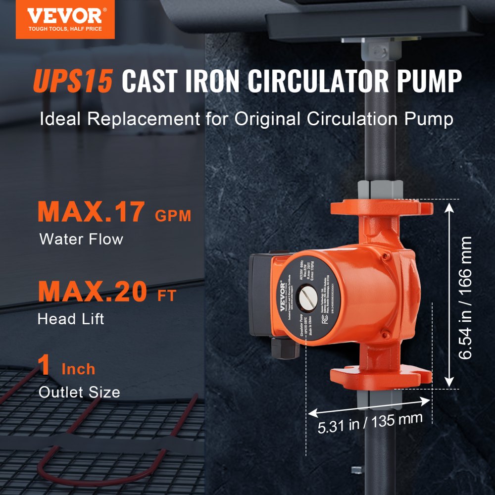 VEVOR UPS15-58FC Hot Water Circulation Pump 110V 82W 17 GPM Recirculating Pump VEVOR UPS15-58FC Hot Water Circulation Pump 110V 82W 17 GPM Recirculating Pump