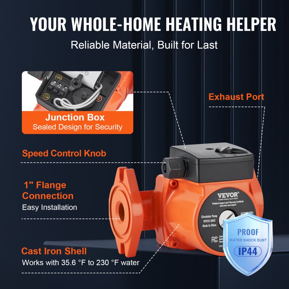 VEVOR UPS15-58FC Hot Water Circulation Pump 110V 82W 17 GPM Recirculating Pump VEVOR UPS15-58FC Hot Water Circulation Pump 110V 82W 17 GPM Recirculating Pump