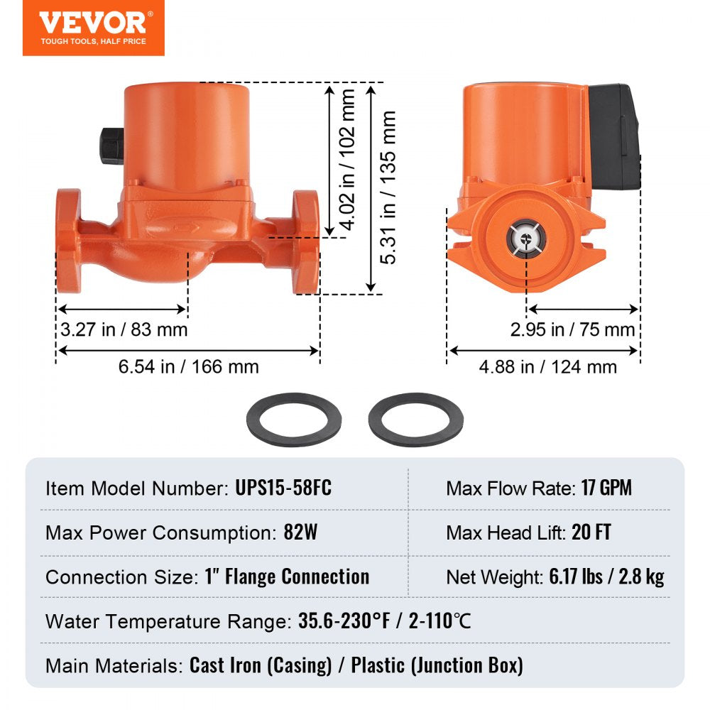 VEVOR UPS15-58FC Hot Water Circulation Pump 110V 82W 17 GPM Recirculating Pump VEVOR UPS15-58FC Hot Water Circulation Pump 110V 82W 17 GPM Recirculating Pump