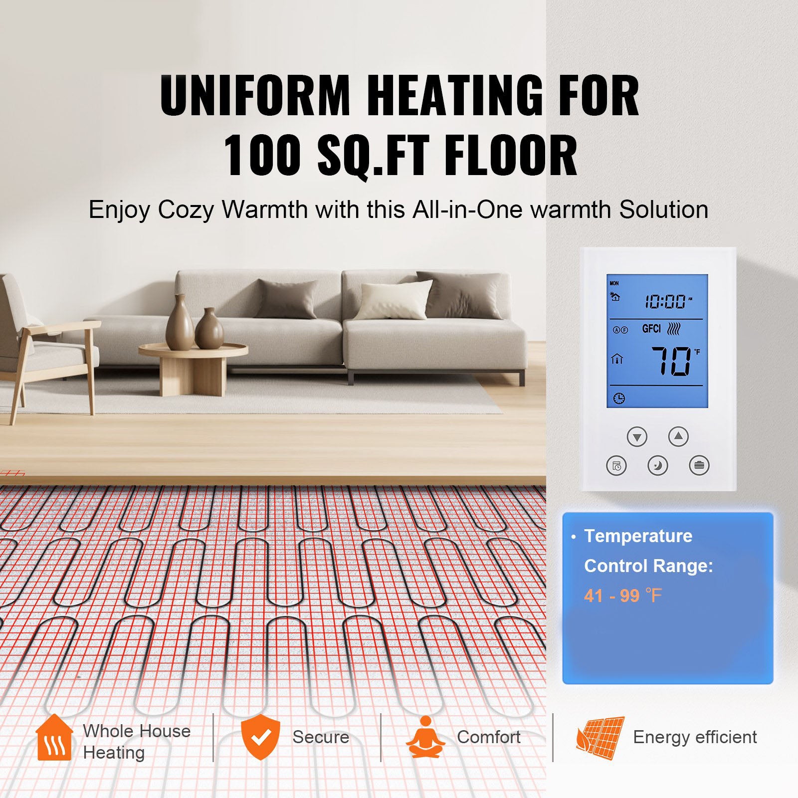 Floor Heating Mat, 100 Sq. ft, Electric Radiant In-Floor Heated Warm System with Digital Floor Sensing Thermostat, Includes Installation Monitor Floor Heating Mat, 100 Sq. ft, Electric Radiant In-Floor Heated Warm System with Digital Floor Sensing Thermostat, Includes Installation Monitor