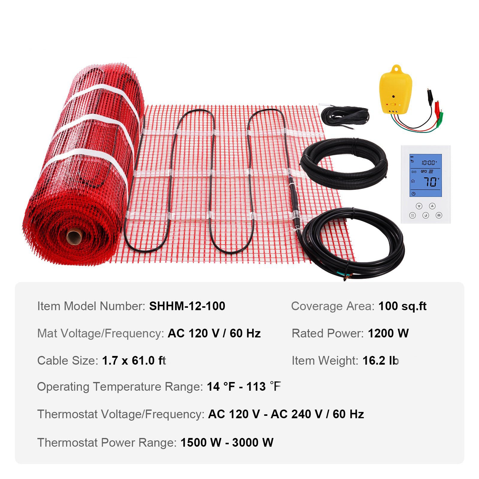 Floor Heating Mat, 100 Sq. ft, Electric Radiant In-Floor Heated Warm System with Digital Floor Sensing Thermostat, Includes Installation Monitor Floor Heating Mat, 100 Sq. ft, Electric Radiant In-Floor Heated Warm System with Digital Floor Sensing Thermostat, Includes Installation Monitor