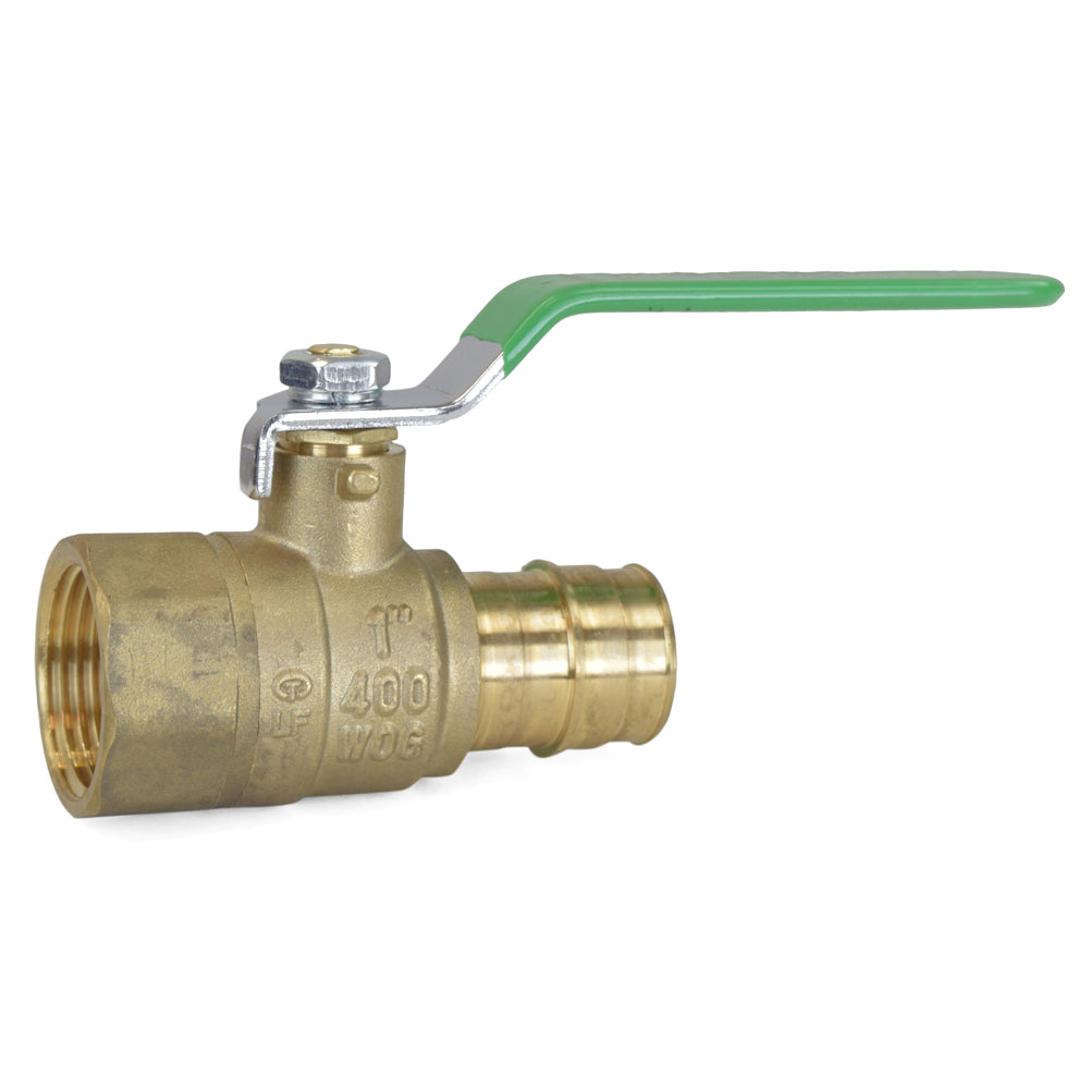 a brass ball valve with a green handle