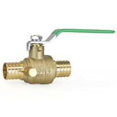 a brass ball valve with a green handle