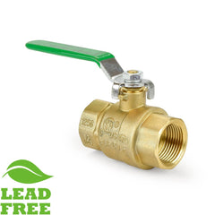 a brass ball valve with a green handle