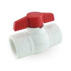 a red and white ball valve on a white background