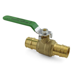 a brass ball valve with a green handle