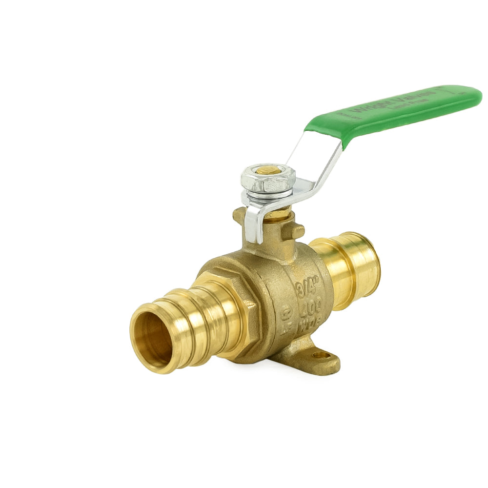 a brass ball valve with a green handle