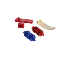 a couple of red and blue plastic parts on a white background