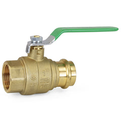 a brass ball valve with a green handle