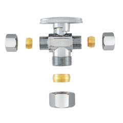 3/8"OD Comp x 1/4"OD Comp x 5/8"OD Comp, Quarter Turn, Dual Outlet 3-Way Stop Valve, Chrome Plated