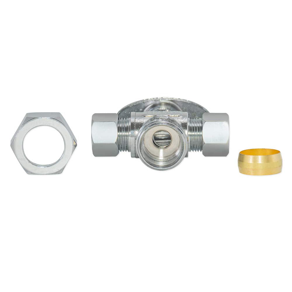 3/8"OD Comp x 1/4"OD Comp x 5/8"OD Comp, Quarter Turn, Dual Outlet 3-Way Stop Valve, Chrome Plated