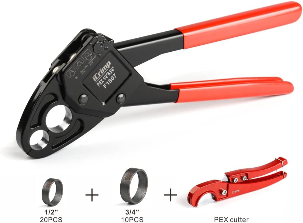 1/2" & 3/4" Combo Pex Angle Head Crimping Tool w/ Pex Cutters, Includes Hard Case, F1807