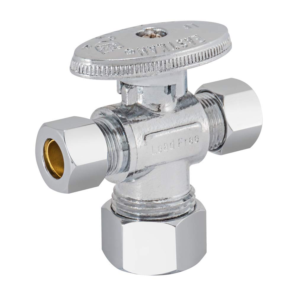 3/8"OD Comp x 1/4"OD Comp x 5/8"OD Comp, Quarter Turn, Dual Outlet 3-Way Stop Valve, Chrome Plated