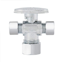 3/8"OD Comp x 1/4"OD Comp x 5/8"OD Comp, Quarter Turn, Dual Outlet 3-Way Stop Valve, Chrome Plated