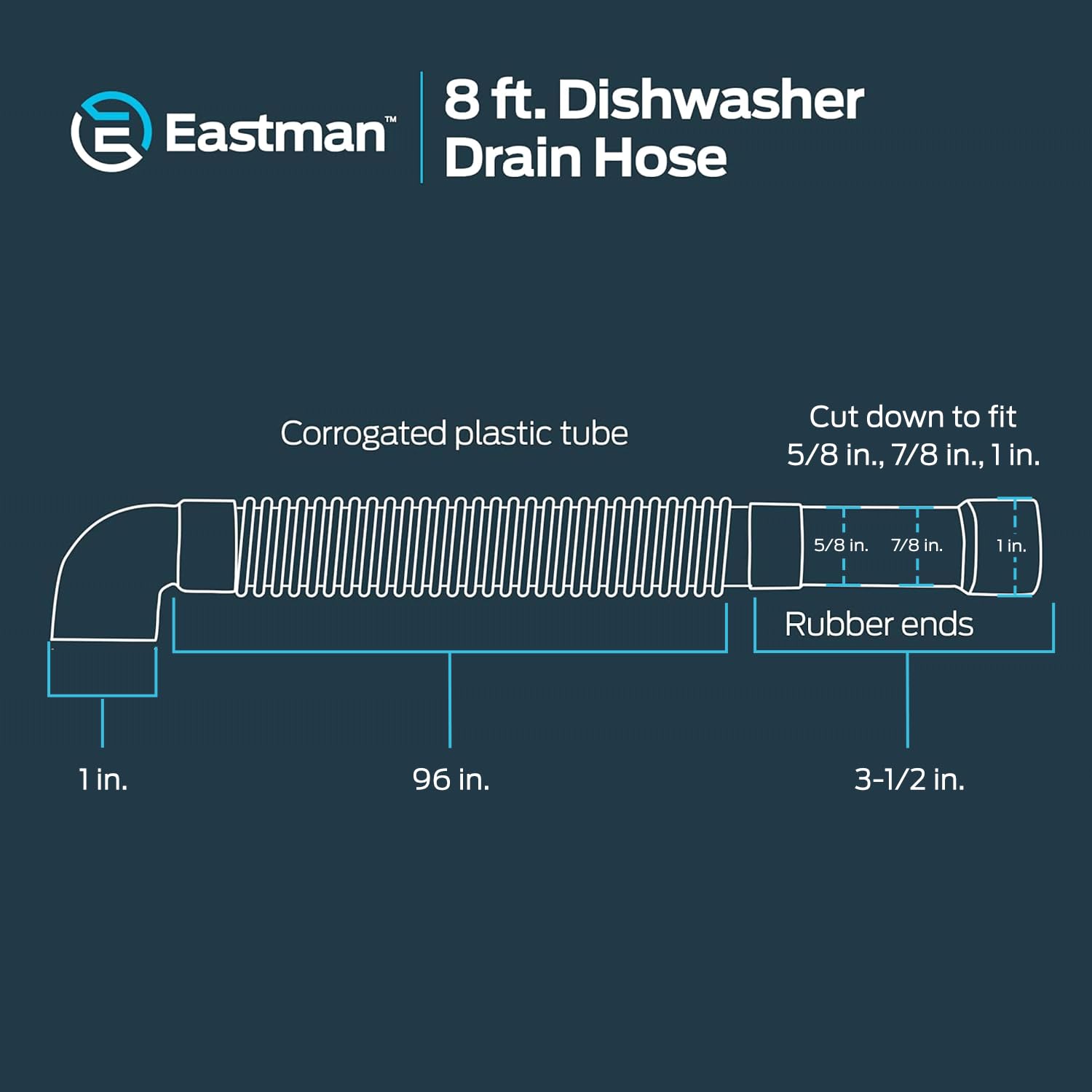 6' & 8' Dishwasher Drain Hose, Universal Fit with 5/8", 7/8", or 1" OD Drain Outlet, 90 Degree Rubber Elbow, Corrugated, Gray PVC