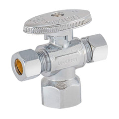 3/8"OD Comp x 1/4"OD Comp x 1/2"FIP, Quarter Turn, Dual Outlet Three Way Stop Valve, Chrome Plated