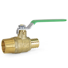 a brass ball valve with a green handle