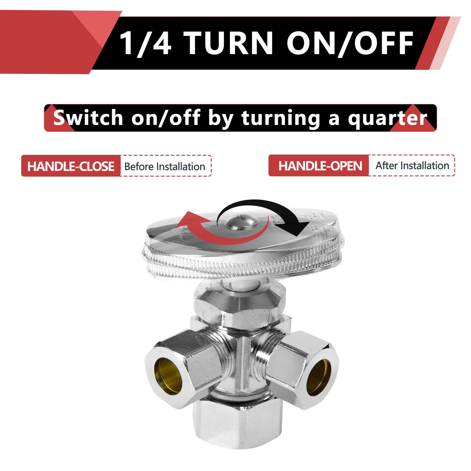 3/8"Comp x 3/8"Comp x 1/2"Comp, Quarter Turn, Dual Outlet 3-Way Stop Valve, Chrome Plated