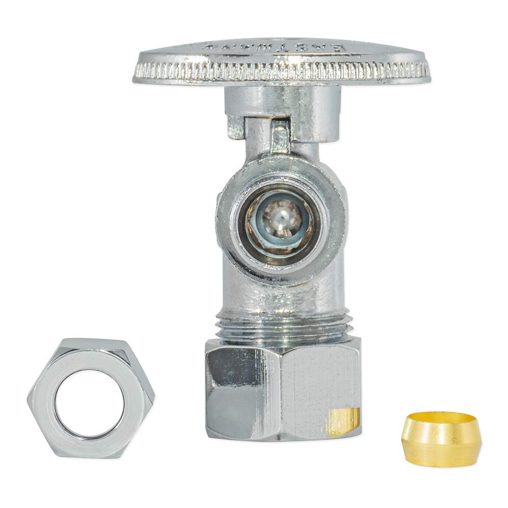 3/8"OD Comp x 1/4"OD Comp x 5/8"OD Comp, Quarter Turn, Dual Outlet 3-Way Stop Valve, Chrome Plated