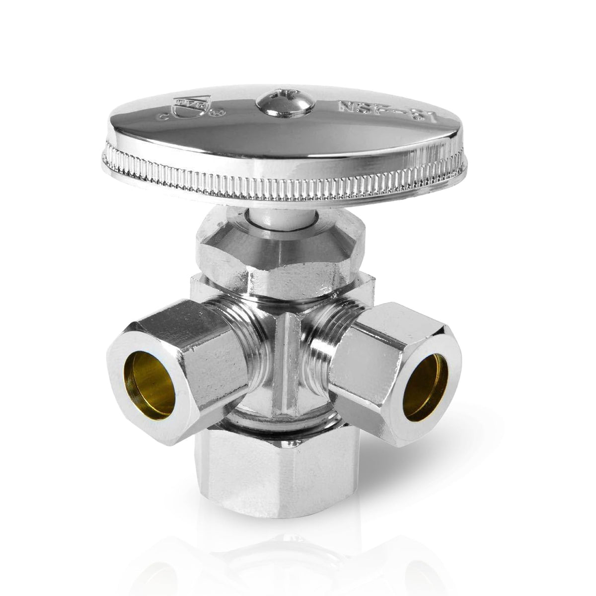 3/8"Comp x 3/8"Comp x 1/2"Comp, Quarter Turn, Dual Outlet 3-Way Stop Valve, Chrome Plated