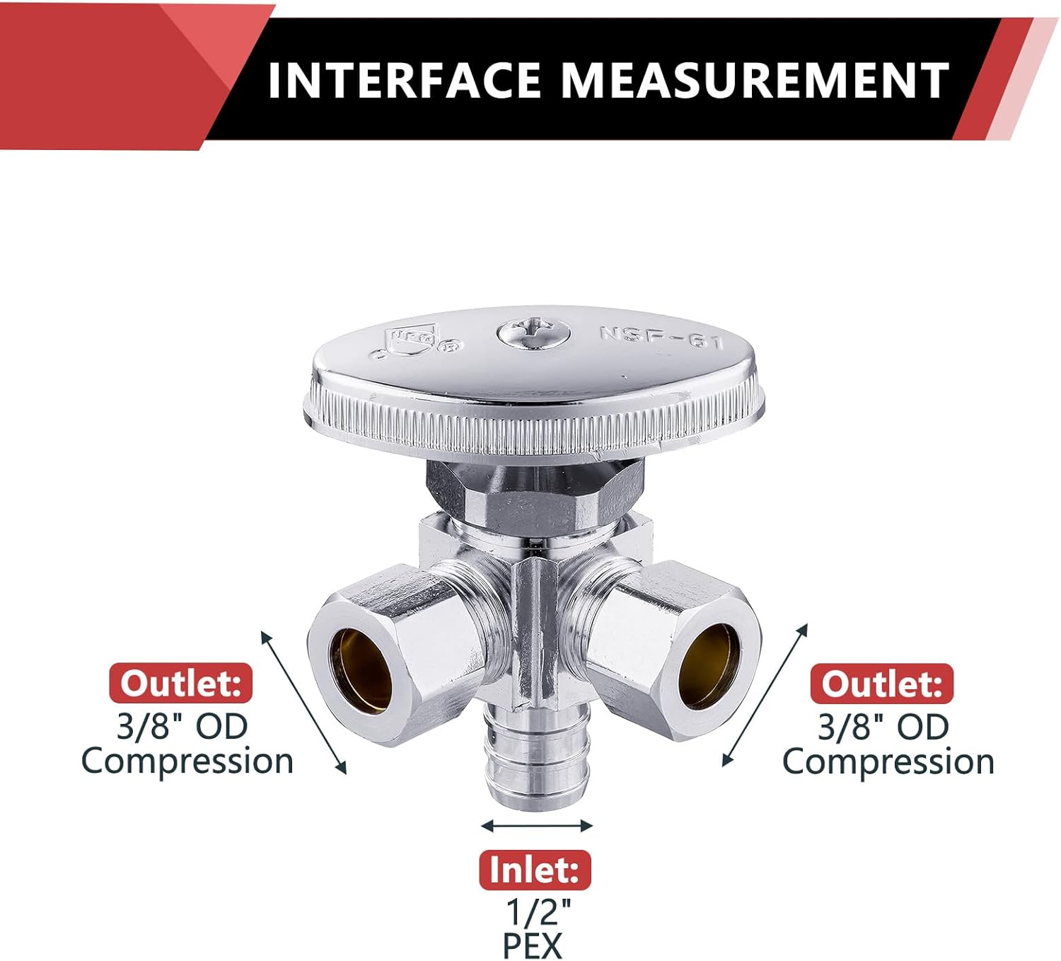 3/8"Comp x 3/8"Comp x 1/2" Crimp Pex B, Quarter Turn, Dual Outlet 3-Way Stop Valve, Chrome Plated