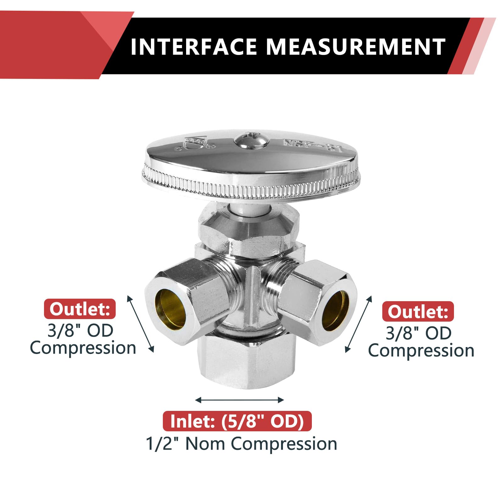 3/8"Comp x 3/8"Comp x 1/2"Comp, Quarter Turn, Dual Outlet 3-Way Stop Valve, Chrome Plated