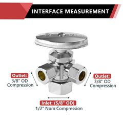 3/8"Comp x 3/8"Comp x 1/2"Comp, Quarter Turn, Dual Outlet 3-Way Stop Valve, Chrome Plated