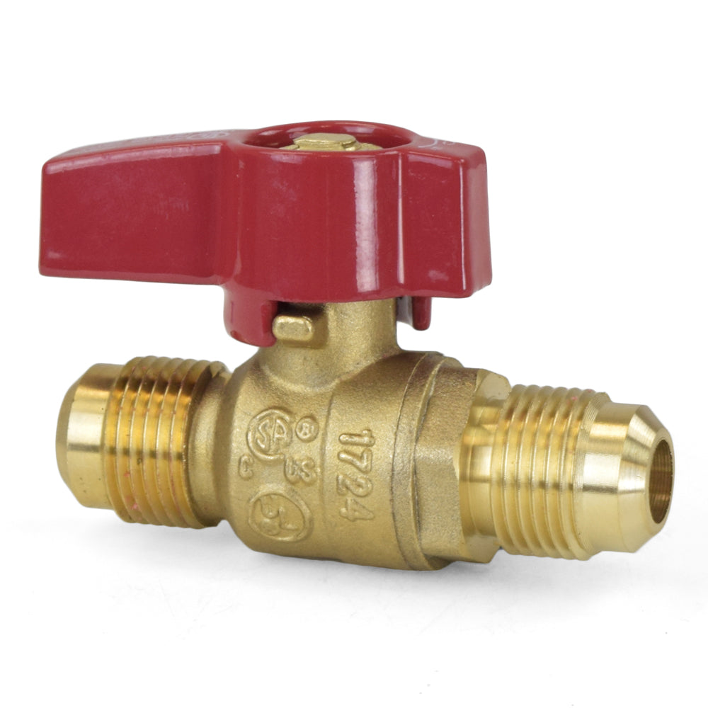 a red and gold ball valve on a white background