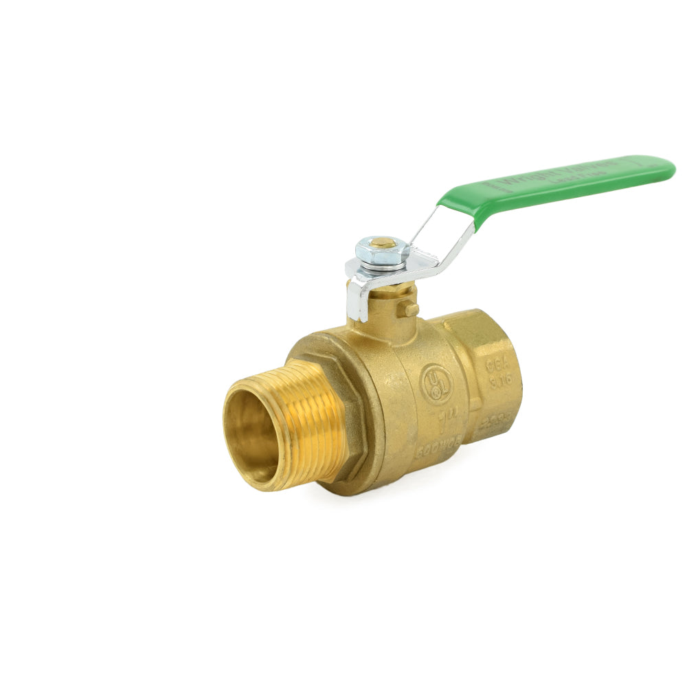 a brass ball valve with a green handle