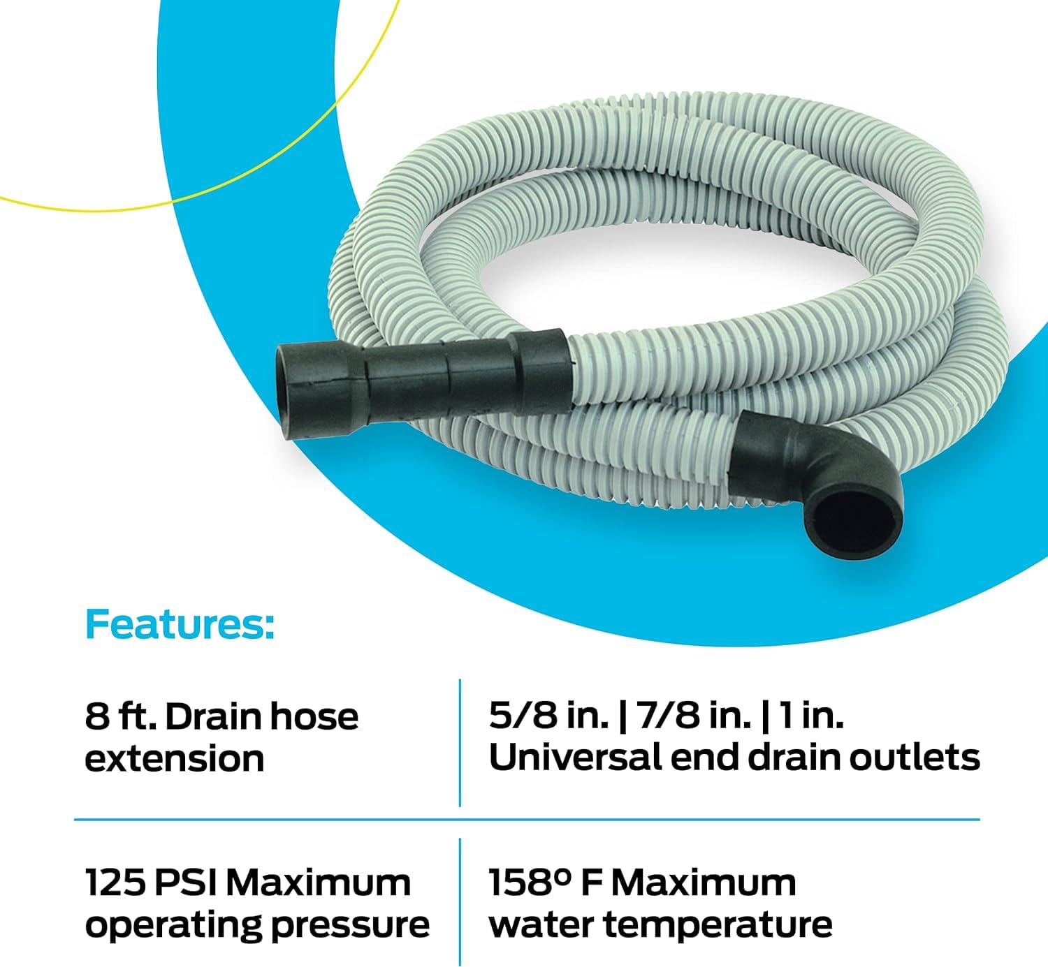 6' & 8' Dishwasher Drain Hose, Universal Fit with 5/8", 7/8", or 1" OD Drain Outlet, 90 Degree Rubber Elbow, Corrugated, Gray PVC