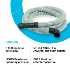 6' & 8' Dishwasher Drain Hose, Universal Fit with 5/8", 7/8", or 1" OD Drain Outlet, 90 Degree Rubber Elbow, Corrugated, Gray PVC