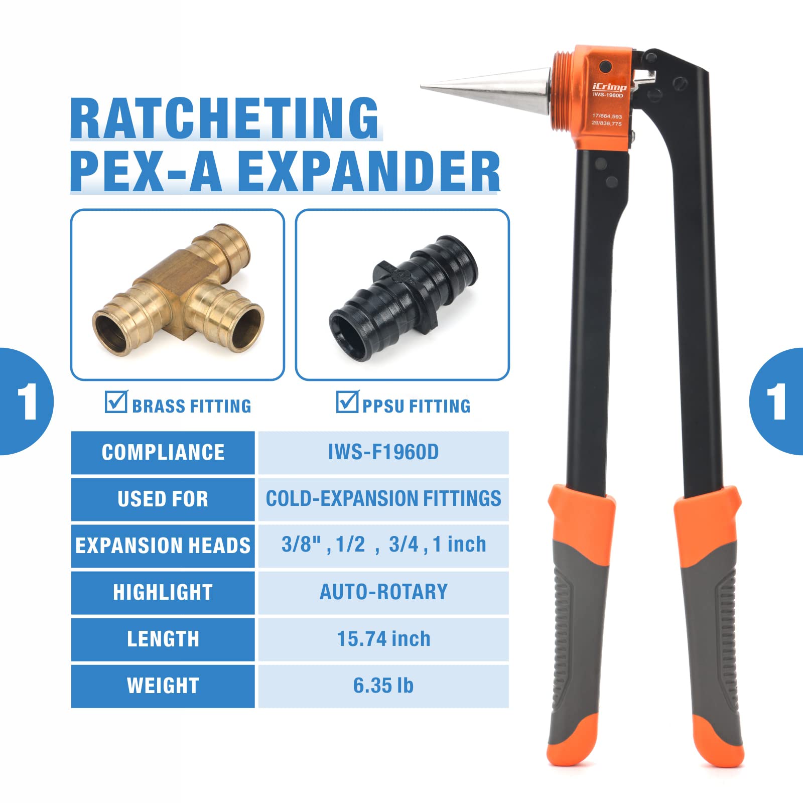 3/8", 1/2'', 3/4'' & 1'' PEX-A Expansion Tool Kit, Auto Rotation w/ Pex Cutter