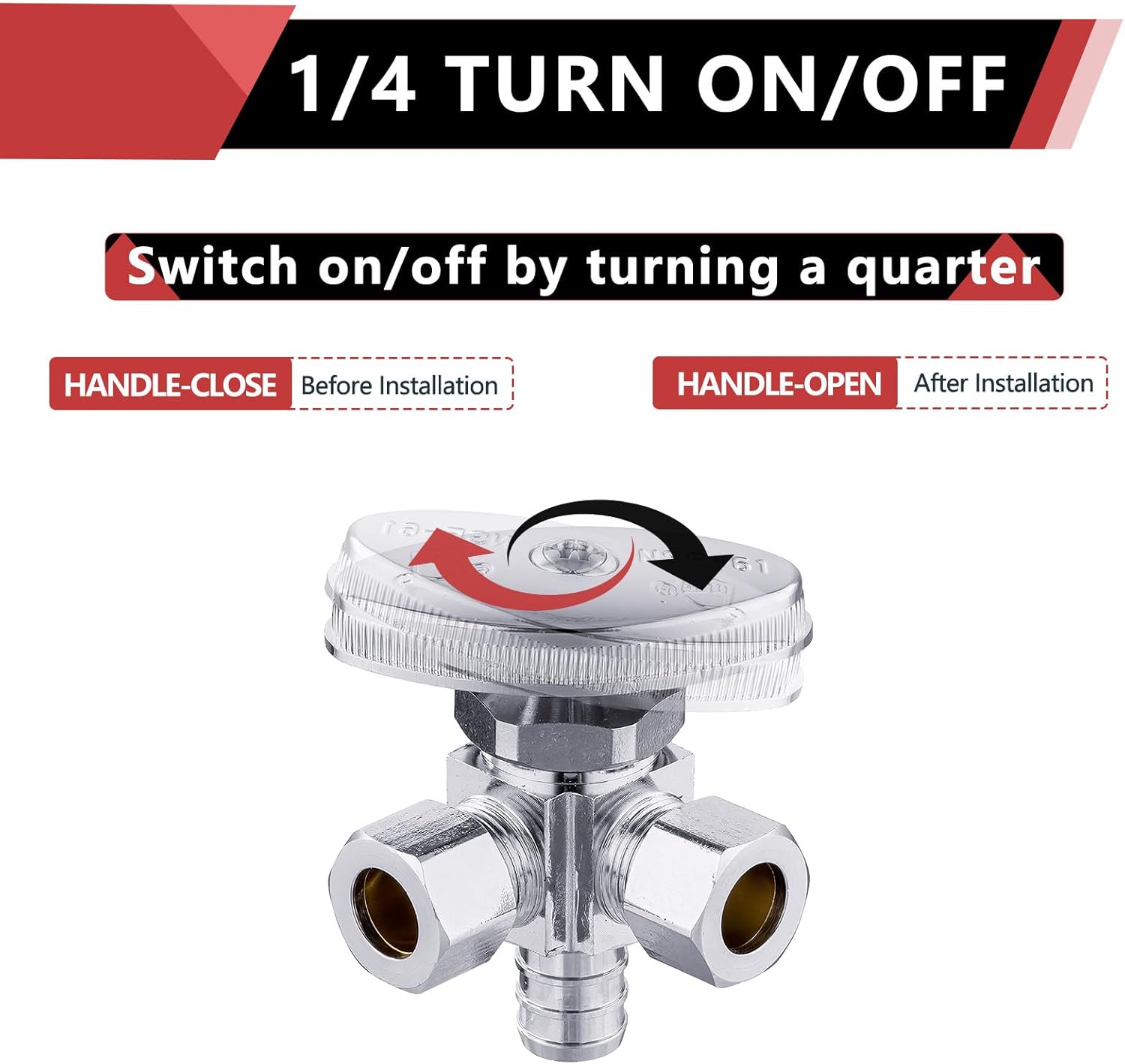 3/8"Comp x 3/8"Comp x 1/2" Crimp Pex B, Quarter Turn, Dual Outlet 3-Way Stop Valve, Chrome Plated