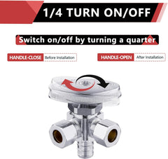 3/8"Comp x 3/8"Comp x 1/2" Crimp Pex B, Quarter Turn, Dual Outlet 3-Way Stop Valve, Chrome Plated