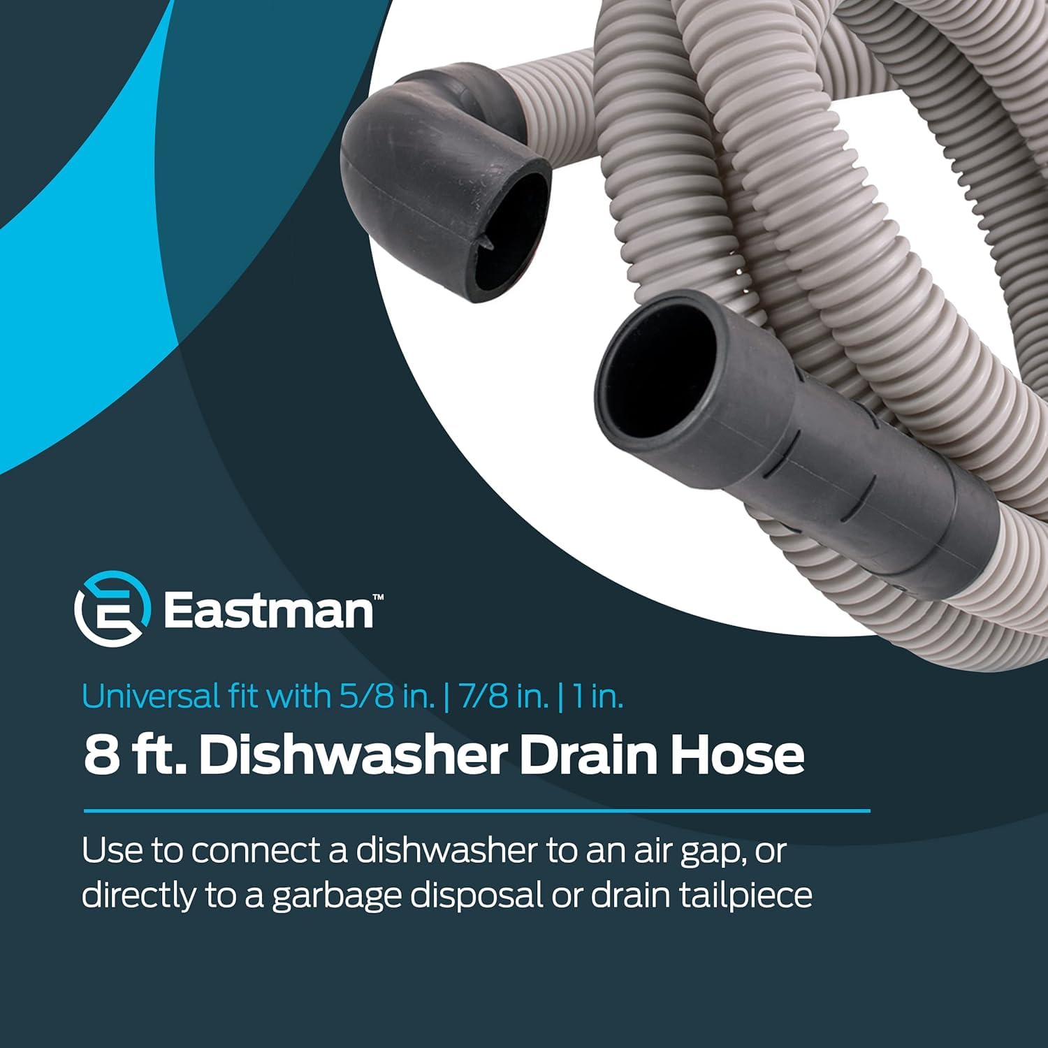 6' & 8' Dishwasher Drain Hose, Universal Fit with 5/8", 7/8", or 1" OD Drain Outlet, 90 Degree Rubber Elbow, Corrugated, Gray PVC